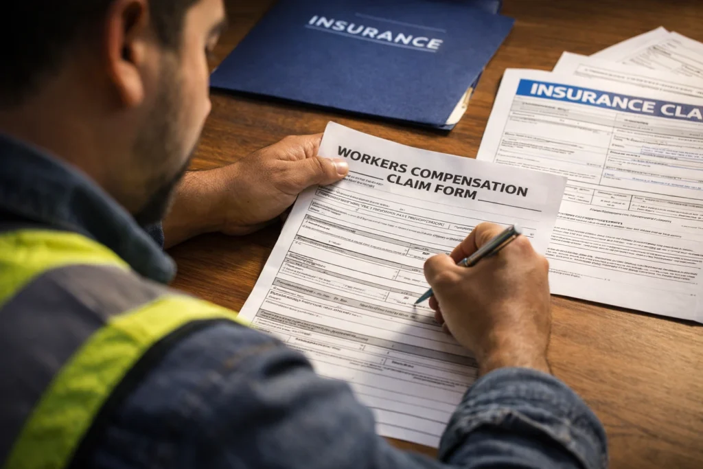 Empleado llenando el formulario de reclamo de seguro de compensación para trabajadores 