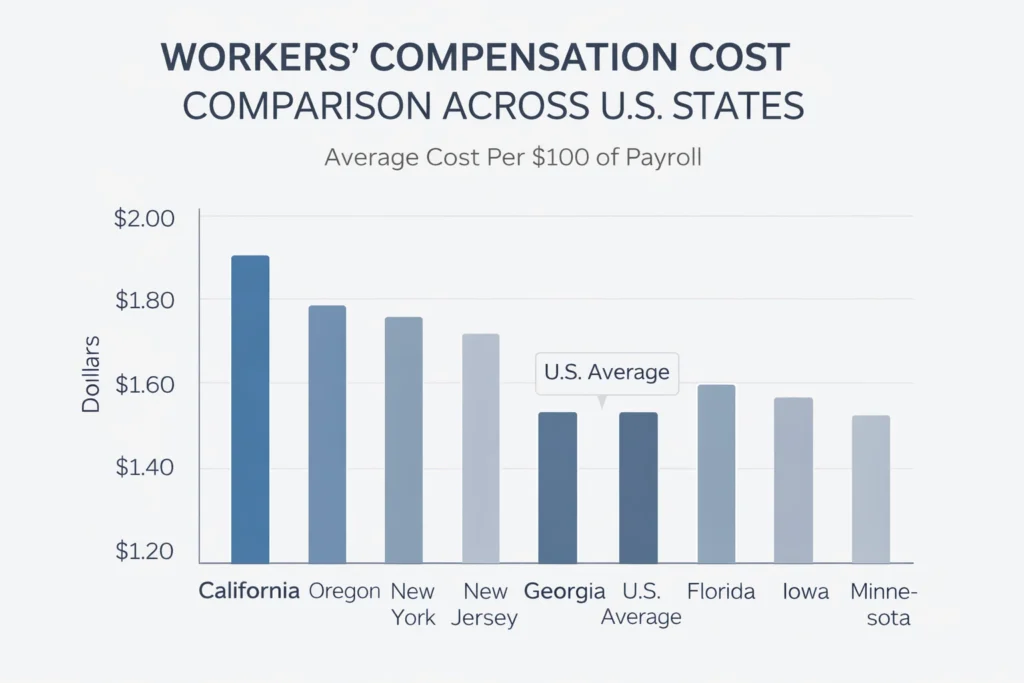 Infografía de comparación de costos del seguro de compensación para trabajadores por estado 