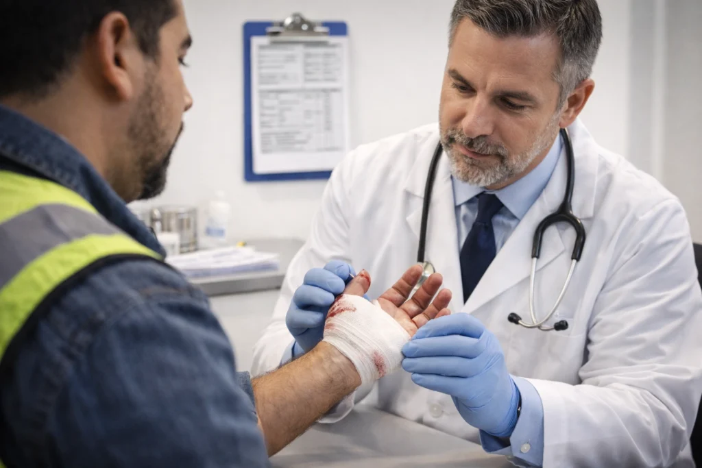 Doctor examinando la mano de un trabajador lesionado para un reclamo médico de compensación para trabajadores 