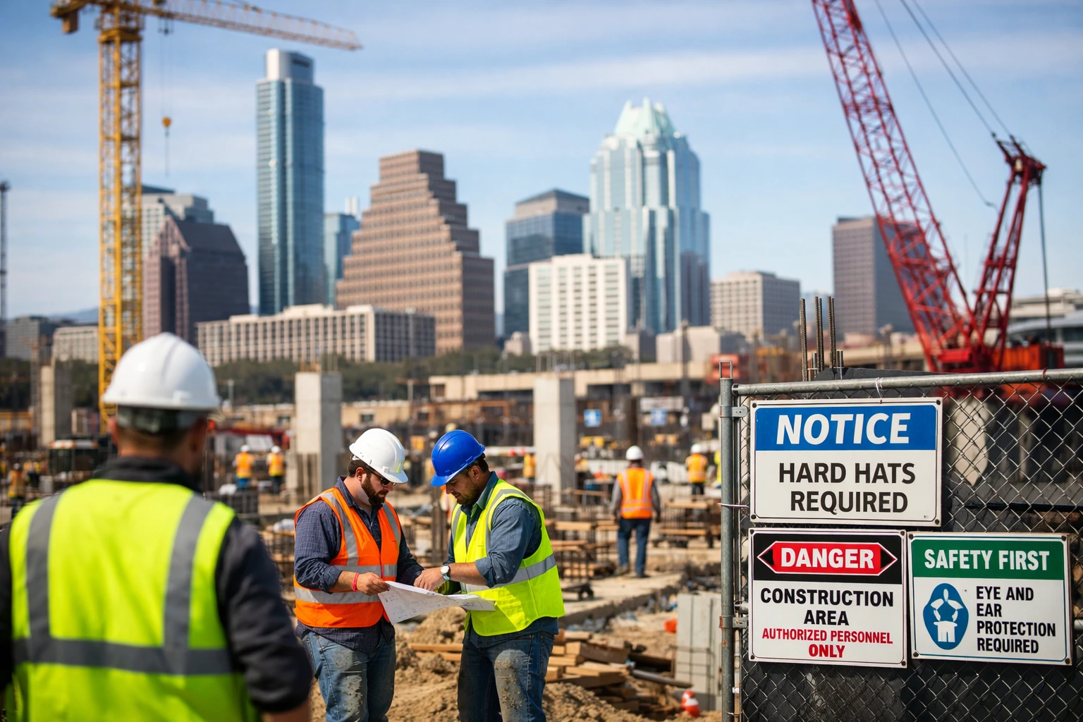 Trabajadores con equipo de seguridad en un sitio de construcción de Austin con señalización de OSHA