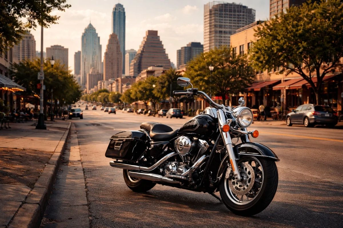 Motocicleta estacionada en una calle de Austin con el horizonte del centro de la ciudad de fondo