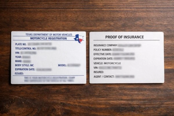 Se requiere comprobante de seguro de motocicleta y tarjeta de registro para los motociclistas de Texas