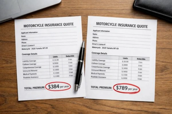 Cotizaciones de seguros de motocicleta antes y después que muestran un aumento en la prima por mal historial crediticio
