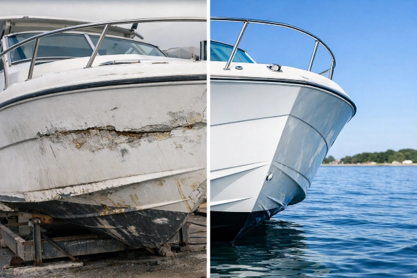 Casco de barco dañado frente a barco reparado que muestra el coste de no tener seguro.