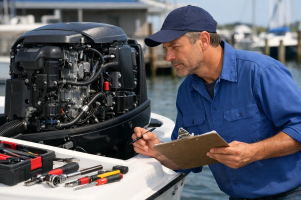 Mecánico naval inspeccionando motor de barco averiado para reclamación al seguro.