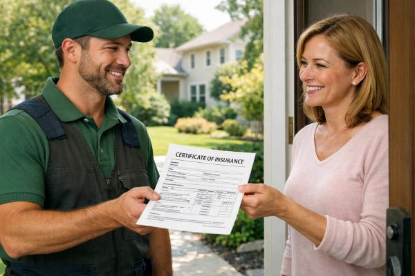 Paisajista entrega certificado de seguro a cliente propietario de vivienda.