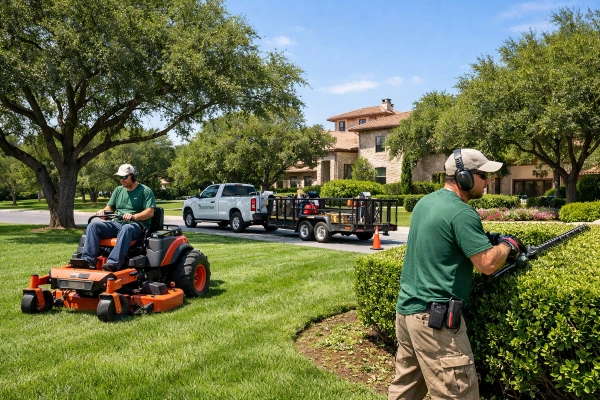 Equipo profesional de paisajismo trabajando en un proyecto residencial asegurado en Austin.