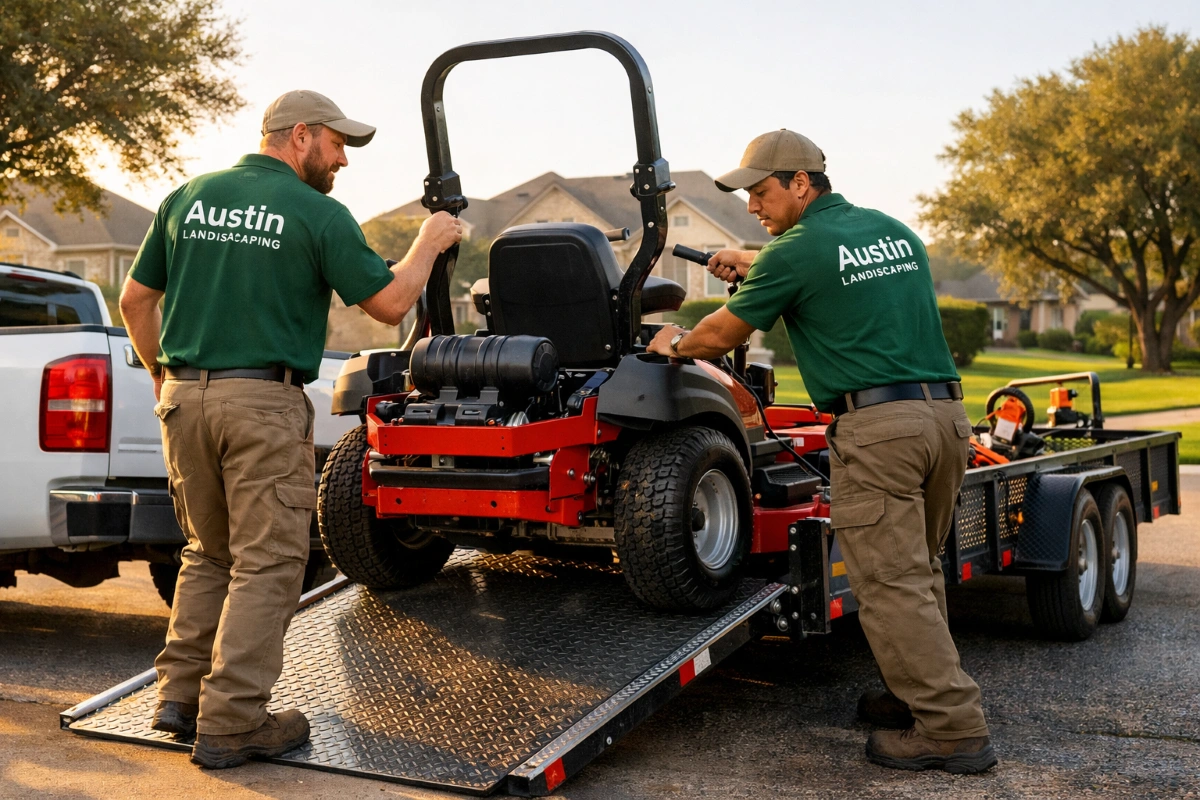 Equipo de jardinería cargando una cortadora de césped en un remolque para un trabajo asegurado.