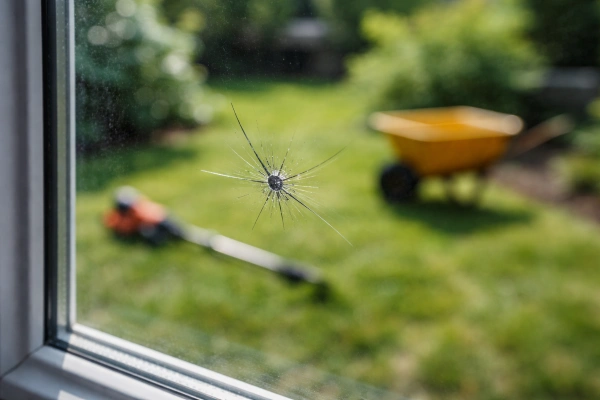 Ventana agrietada por escombros de jardinería que demuestra por qué el seguro es importante.