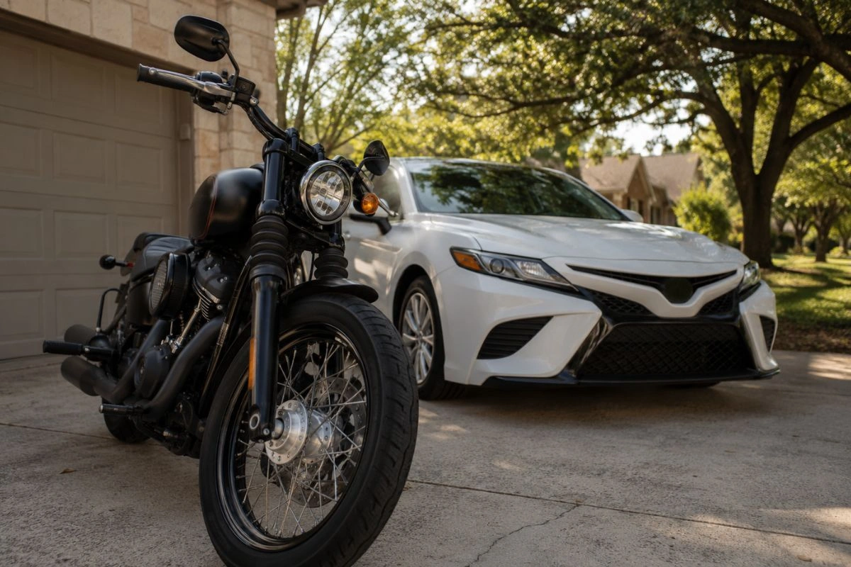 Motocicleta y coche aparcados en la entrada de una casa en Austin.