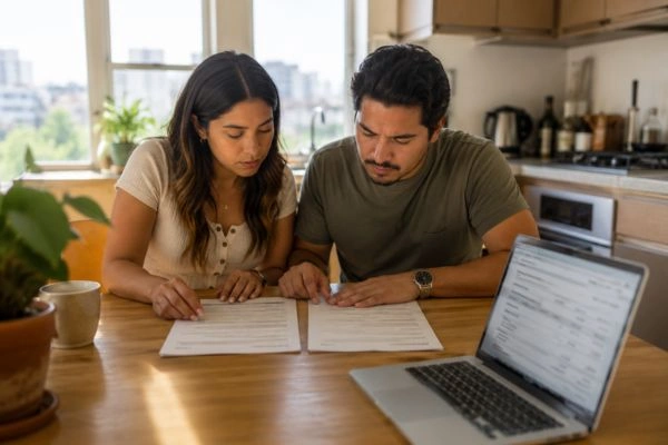 Pareja comparando pólizas de seguro combinadas en casa.