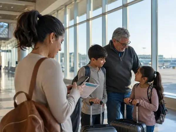 Familia multigeneracional de Austin en el aeropuerto revisando seguros de viaje para niños