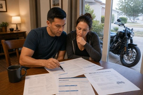 Familia revisando opciones de cobertura de seguro para motocicletas
