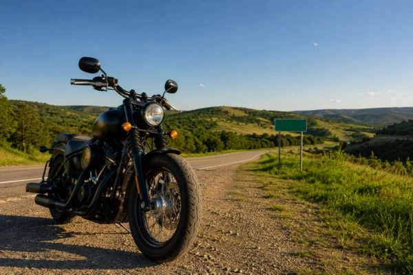 Motocicleta estacionada en una carretera de la región montañosa de Texas.