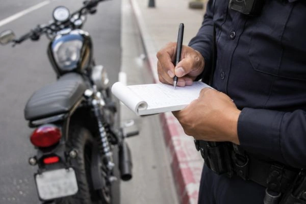 Agente escribiendo una multa junto a una motocicleta detenida.
