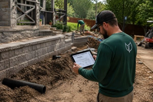 Diseñador paisajista revisando los planos del proyecto estructural. 