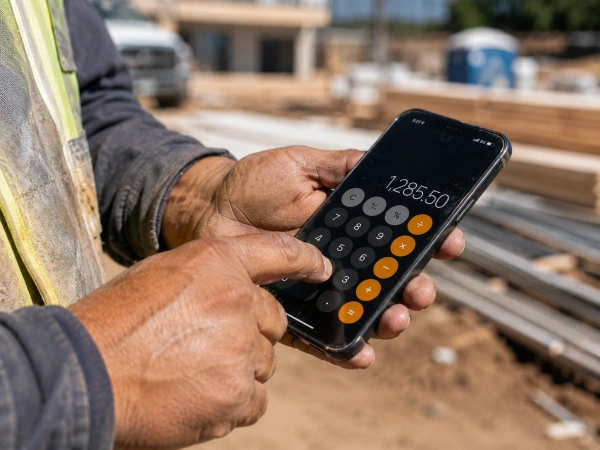 Contratista calculando la prima del seguro de responsabilidad civil general en un teléfono inteligente