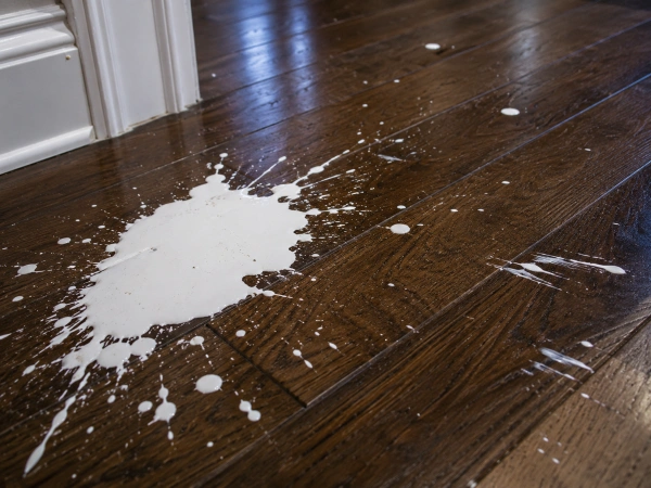 Un derrame de pintura en un piso de madera demuestra por qué los pintores necesitan cobertura de responsabilidad civil.