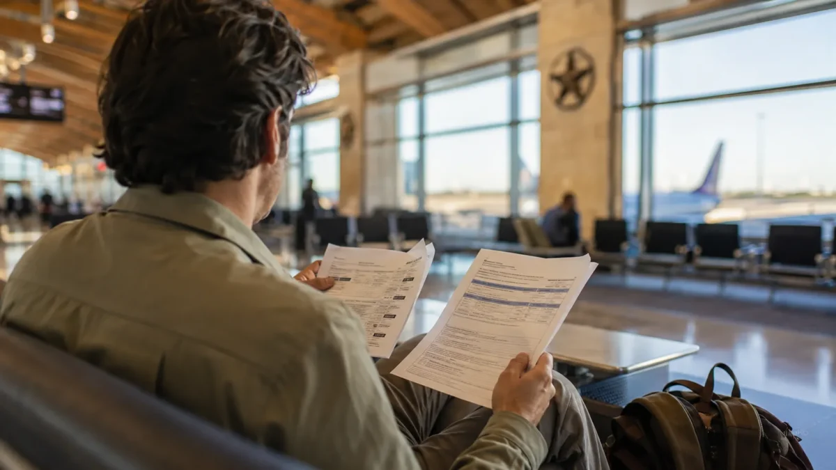 Austin traveler comparing travel insurance plans at AUS departure gate