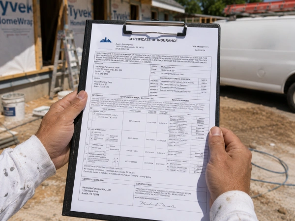 El propietario verifica el certificado de seguro del pintor antes de contratarlo.