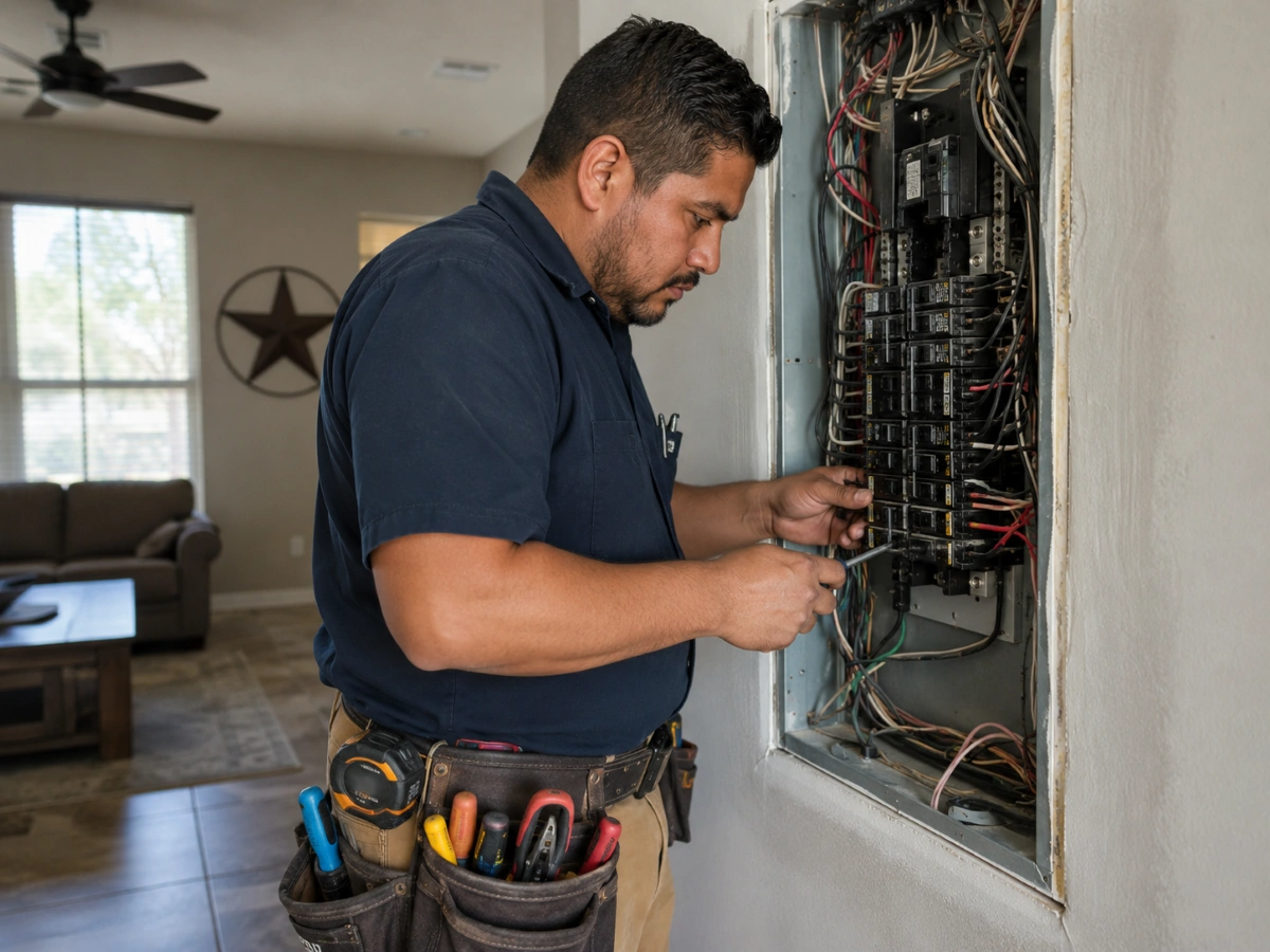 Electricista con licencia trabajando panel