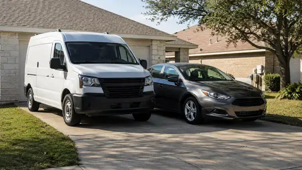 Una furgoneta comercial y un coche particular aparcados uno al lado del otro en la entrada de una casa en Austin