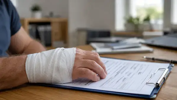 Trabajador autónomo con una lesión en la mano revisando un formulario de reclamación de indemnización laboral