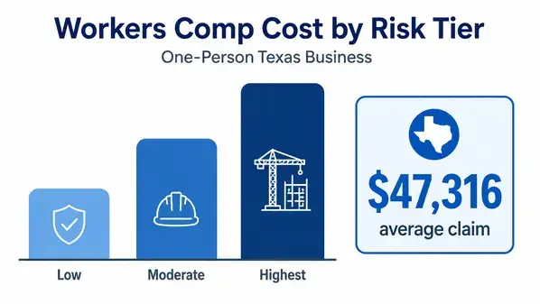 Infografía que compara el costo de la compensación laboral por nivel de riesgo para una empresa de Texas sin empleados