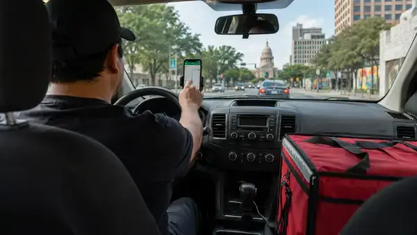 Conductor de transporte compartido y repartidor usando un soporte para teléfono en un automóvil Austin