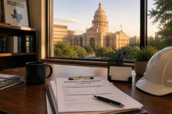 Vista del Capitolio de Texas desde el escritorio de la oficina de seguros.