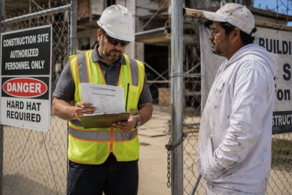 El contratista revisa el certificado de seguro del pintor en la obra.