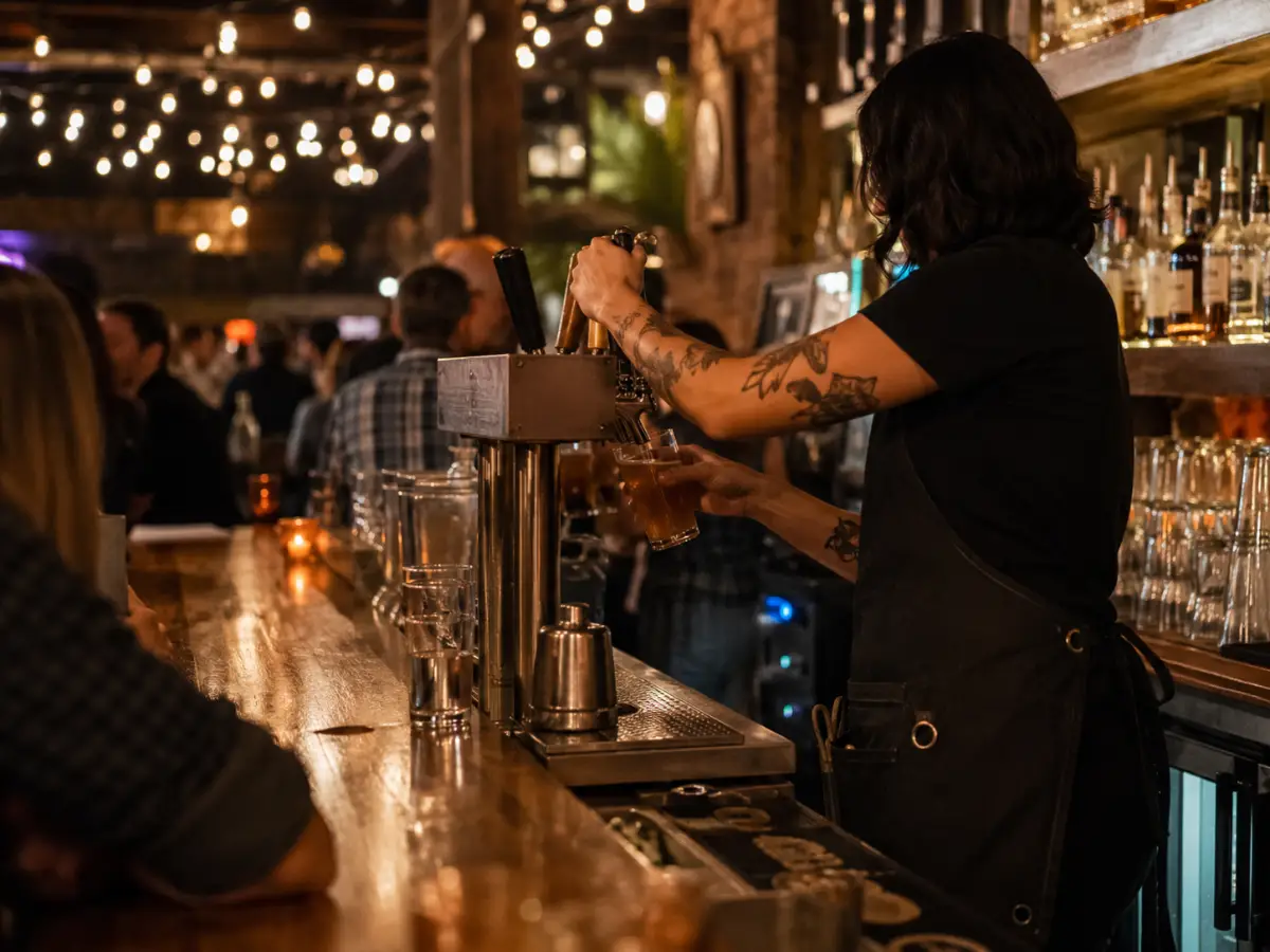 Cantinero sirviendo una cerveza de barril en un bar de Austin