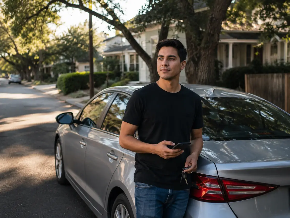 Conductor con seguro para no propietarios junto a un carro prestado en Austin