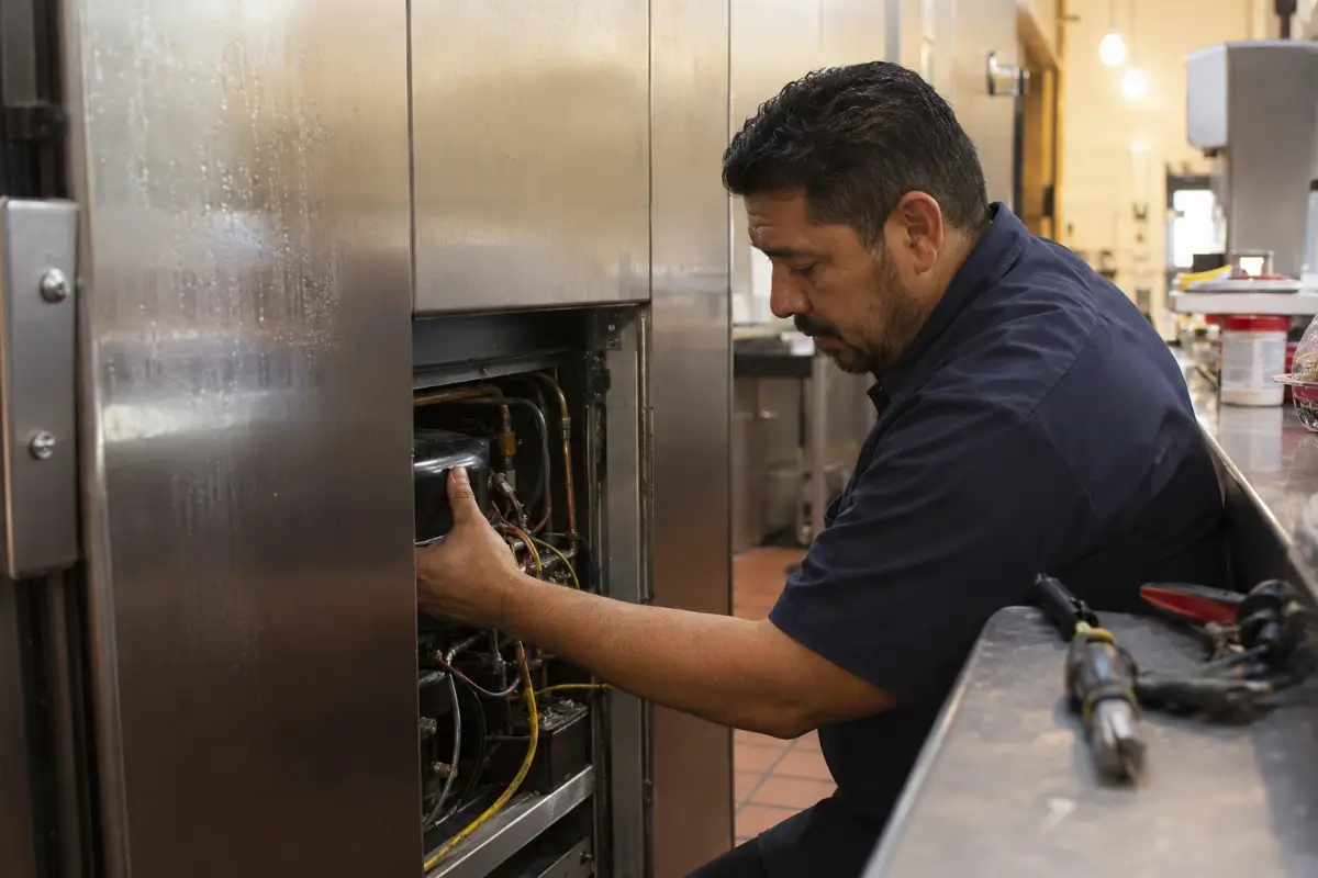 Técnico revisando el compresor de un cuarto frío comercial en un restaurante de Austin