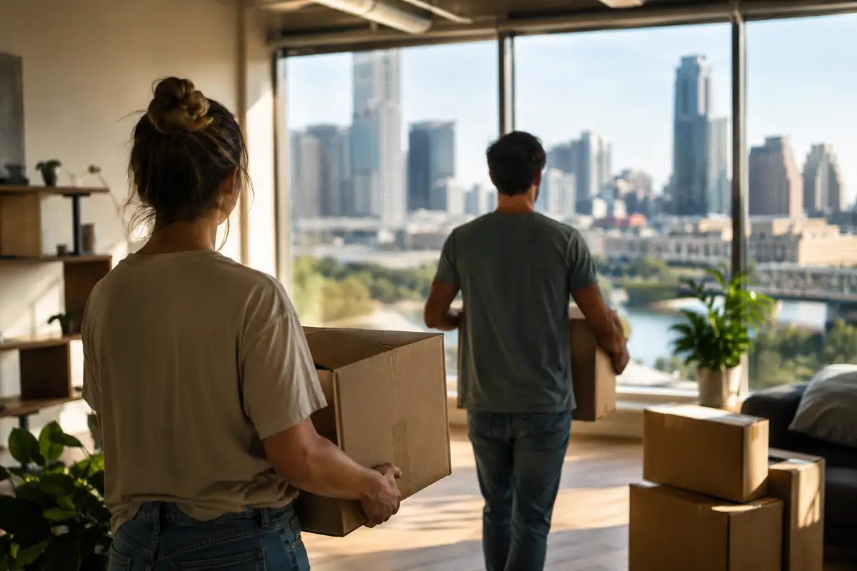 Pareja cargando cajas a su nuevo apartamento en Austin al transferir el seguro de inquilinos