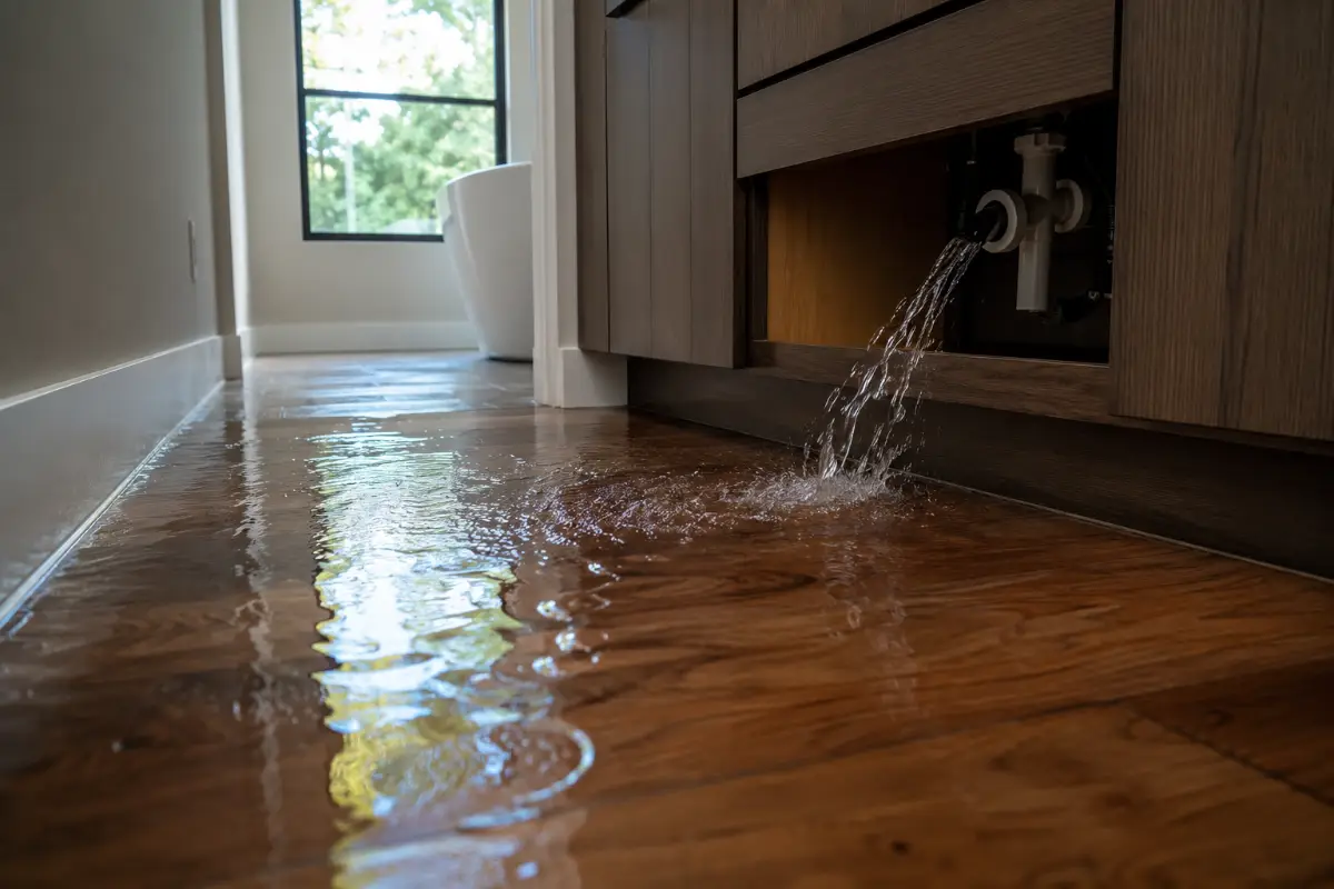 Agua de una tubería rota que se extiende por el piso de una casa en Austin