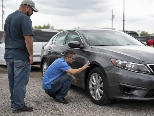 Comprador revisando un carro usado con historial de accidente en Texas