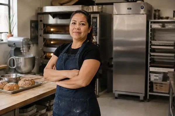Dueña de una panadería entre el equipo comercial del que depende su negocio