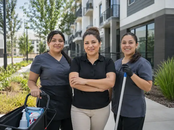 Dueña de una empresa de limpieza con su equipo en Austin, un empleador con personal