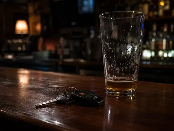 Llaves del carro junto a un vaso de cerveza vacío, riesgo de la Ley Dram Shop en Texas