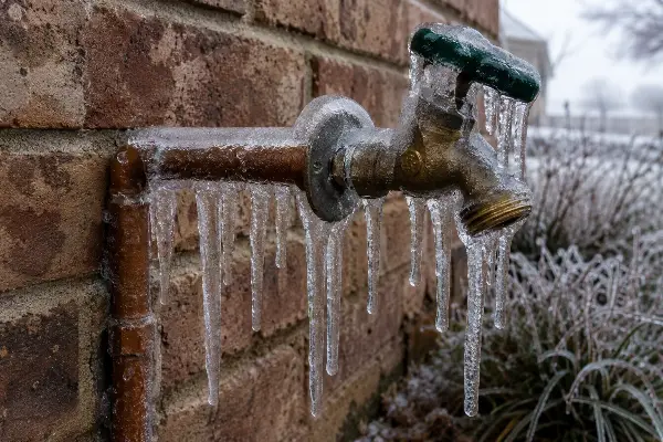 Tubería exterior congelada en una casa de Texas durante una helada de invierno