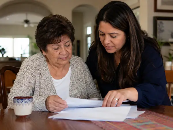 Familia en Austin repasando cómo el beneficio por muerte acelerada afecta Medicaid
