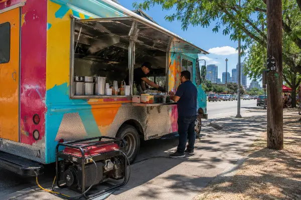 Food truck de tacos en Austin funcionando con un generador externo