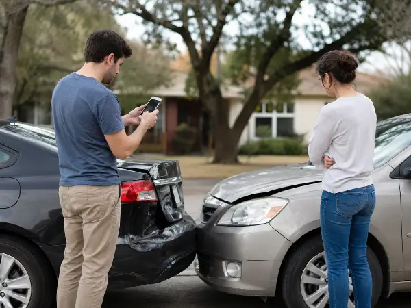Conductores intercambiando información tras un choque en Texas y el valor disminuido