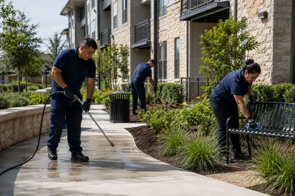 Equipo de limpieza comercial en un complejo de apartamentos en Austin