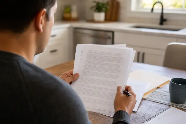 Dueño de casa revisando un formulario de póliza de seguro de casa en Texas