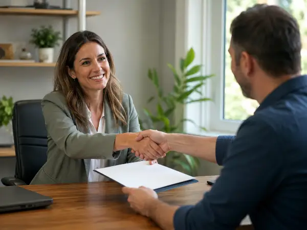 Agente entrega el certificado de seguro comercial a un cliente en Austin