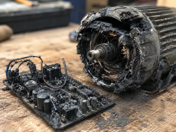 Motor quemado y tarjeta de control chamuscada por una falla eléctrica