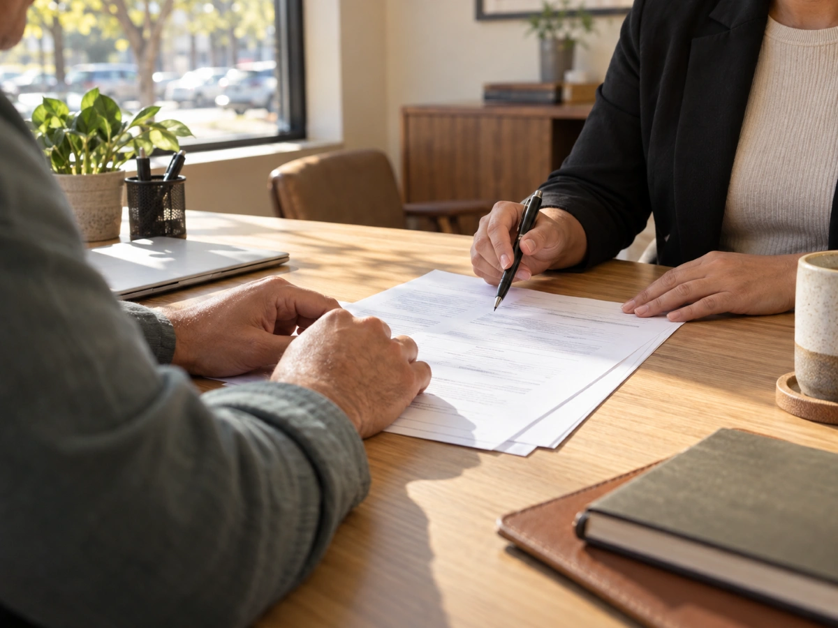 Agente de seguros revisando una solicitud de seguro de vida con un cliente en Austin, Texas