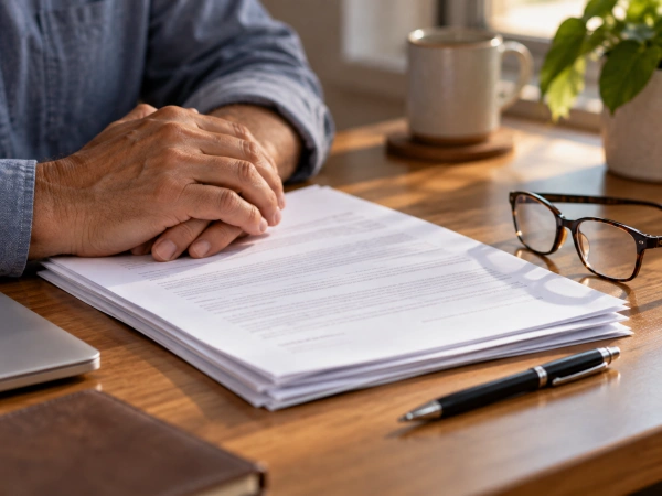 Manos revisando un contrato impreso de seguro de vida a término